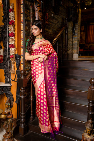saree in pinkish red tone with multiple