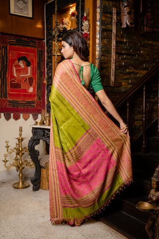 Bengal Tussar saree in green and fuchsia colour