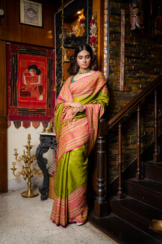 Bengal Tussar saree in green and fuchsia colour