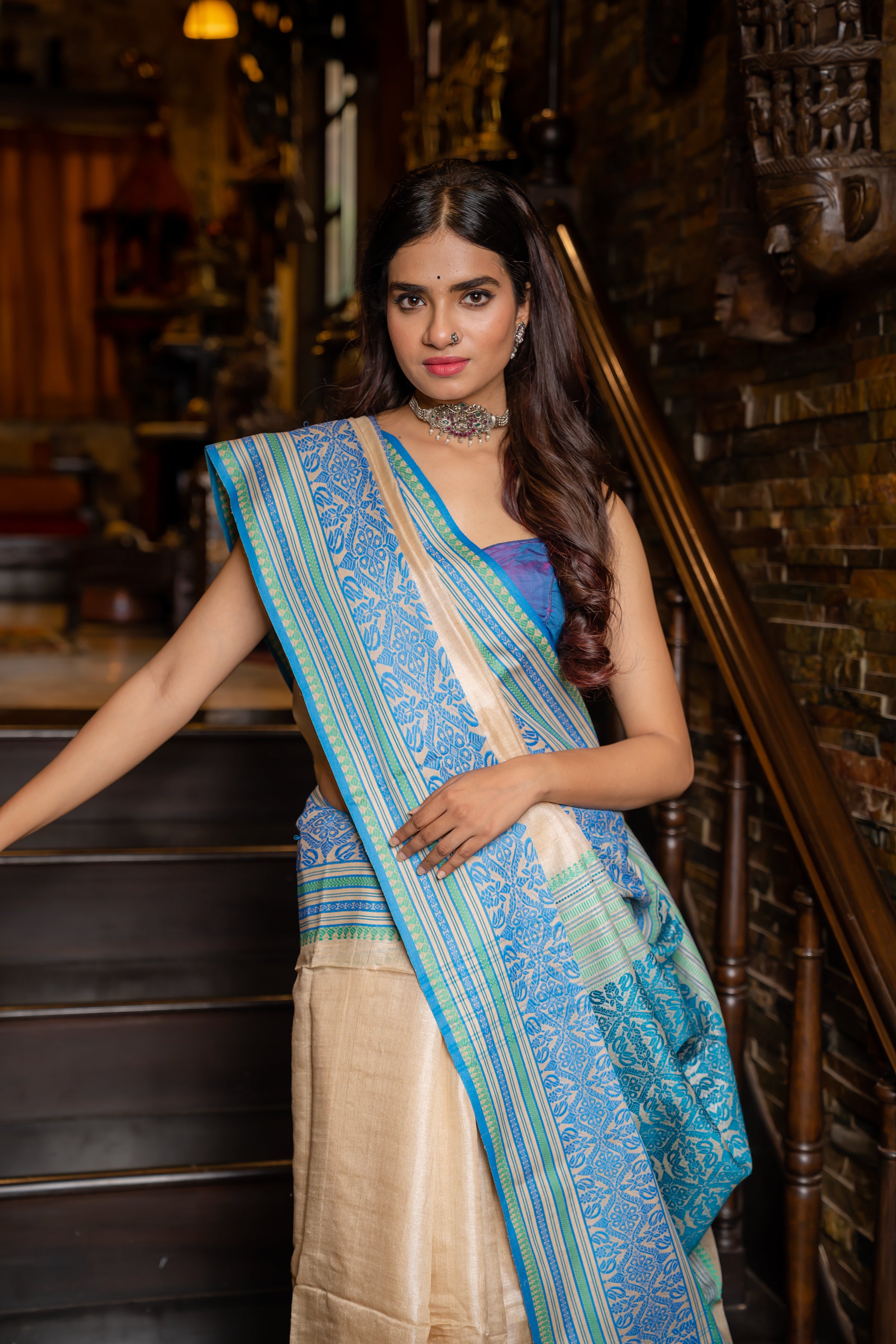 Bengal tussar in natural tussar and blue colour with detailed weaving in border