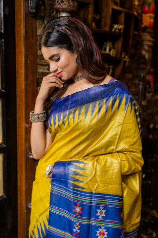 Ganjam Bomkai in yellow and royal blue colour with temple border