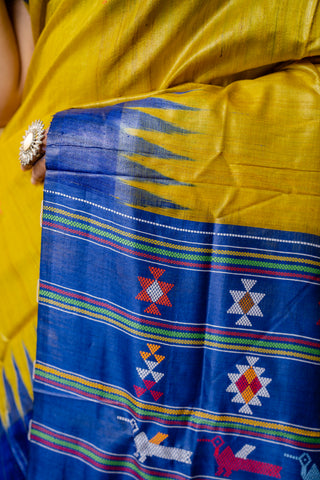 Ganjam Bomkai in yellow and royal blue colour with temple border