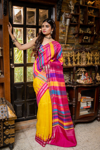 Beharampuri double pallu in yellow and fuchsia colour