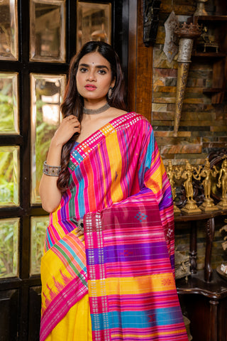 Beharampuri double pallu in yellow and fuchsia colour