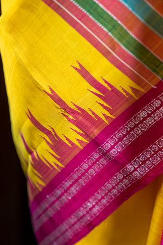 Beharampuri double pallu in yellow and fuchsia colour