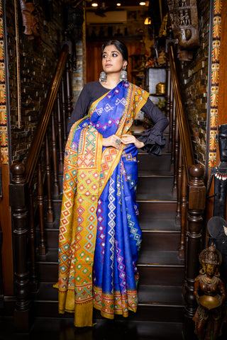 royal blue and yellow gujarati stitch on pure gaachi tussar