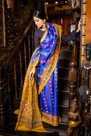 royal blue and yellow gujarati stitch on pure gaachi tussar