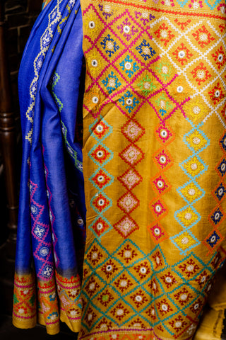 royal blue and yellow gujarati stitch on pure gaachi tussar