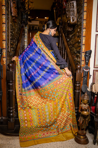 royal blue and yellow gujarati stitch on pure gaachi tussar