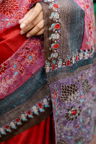 vibrant red kantha stitch saree